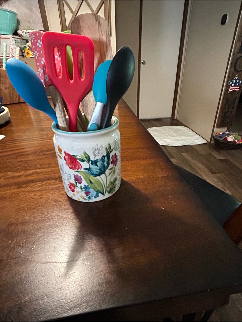 Pioneer woman Floral Ceramic Utensil Crock with Colorful Silicone Kitchen Tools